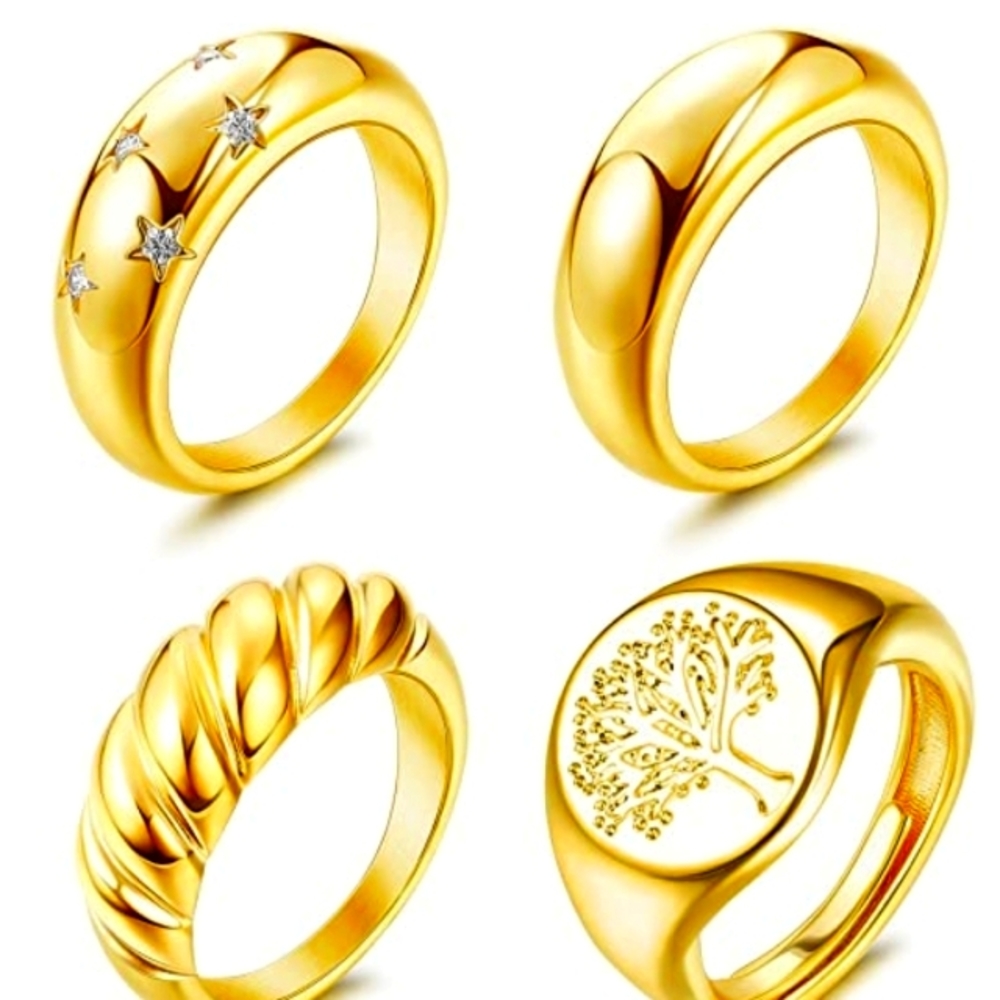 18k Gold Plated Chunky  Cuban Rings Set of 4 NWT